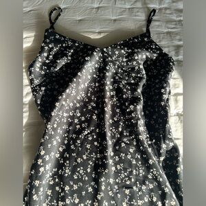 Black and white silk satin dainty floral slip dress